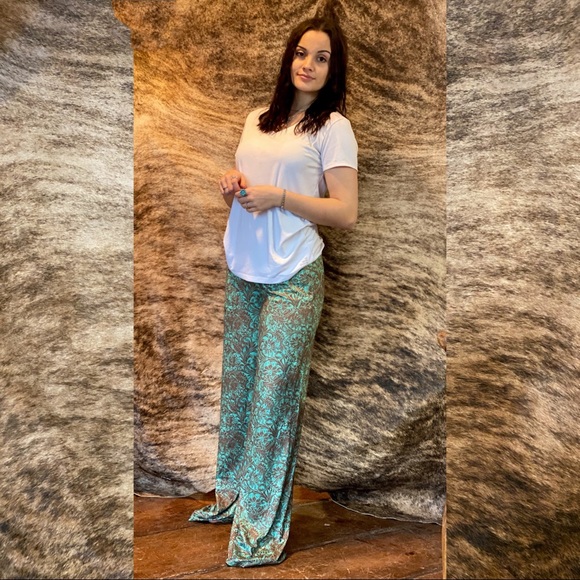 Tooled Turquoise Palazzo Pants - Picture 3 of 6